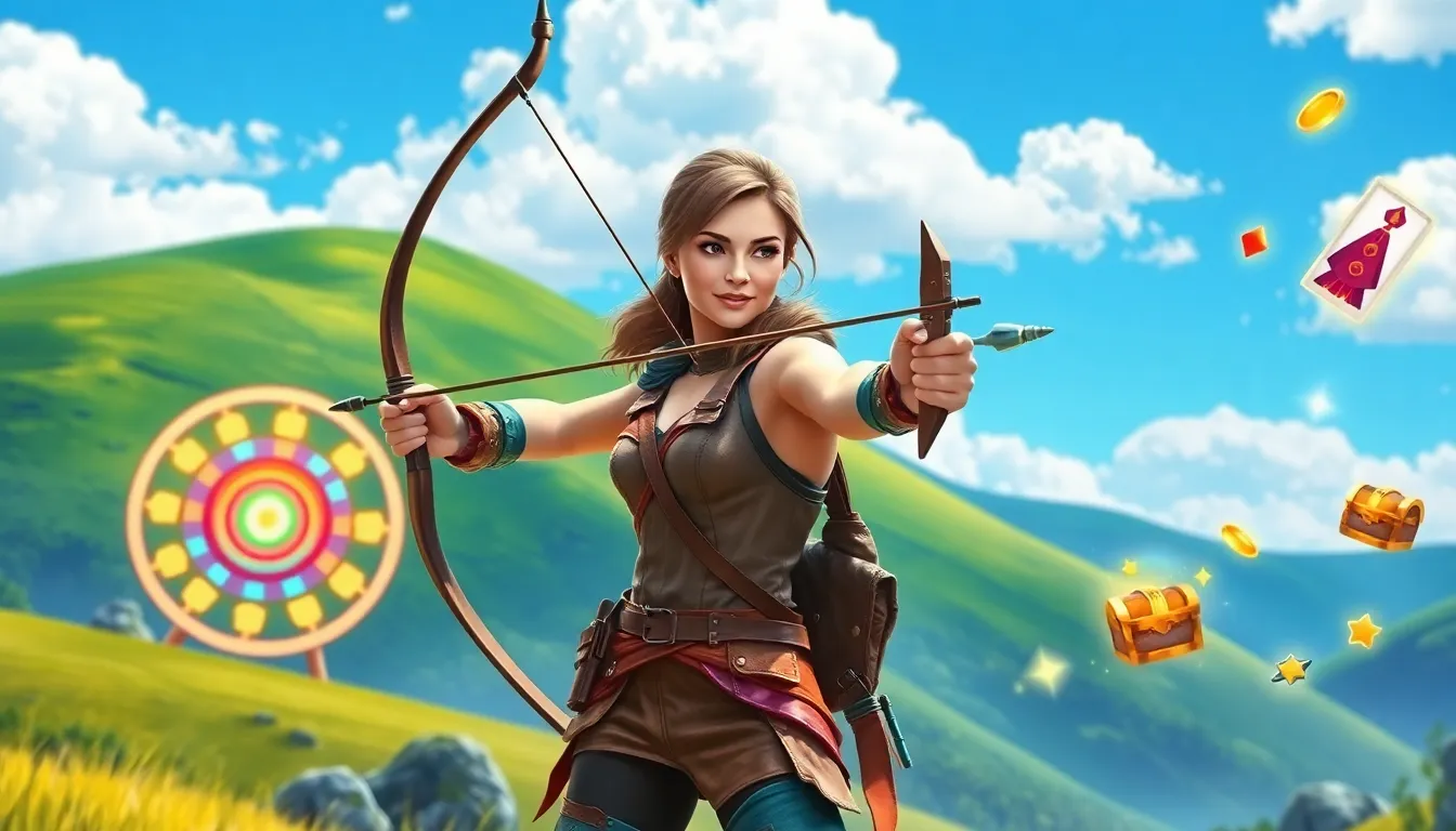 An archer in a vibrant landscape aiming at targets in a slot game.