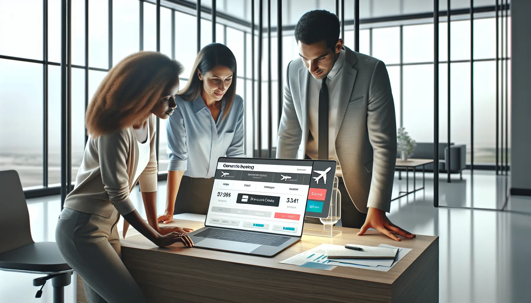 diverse team collaborating on a laptop in a modern office.