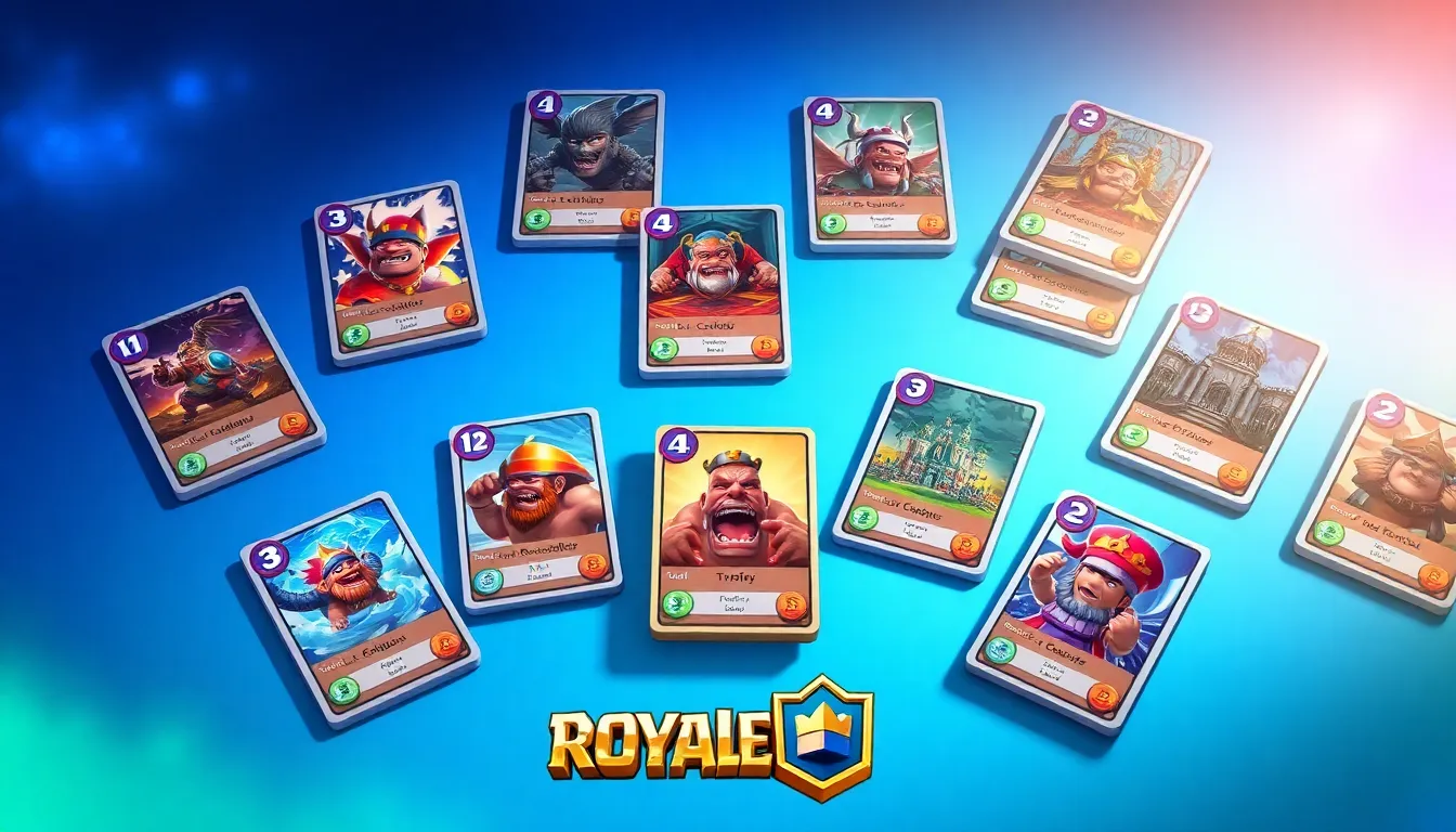 variety of Clash Royale cards displayed on a sleek gaming interface.