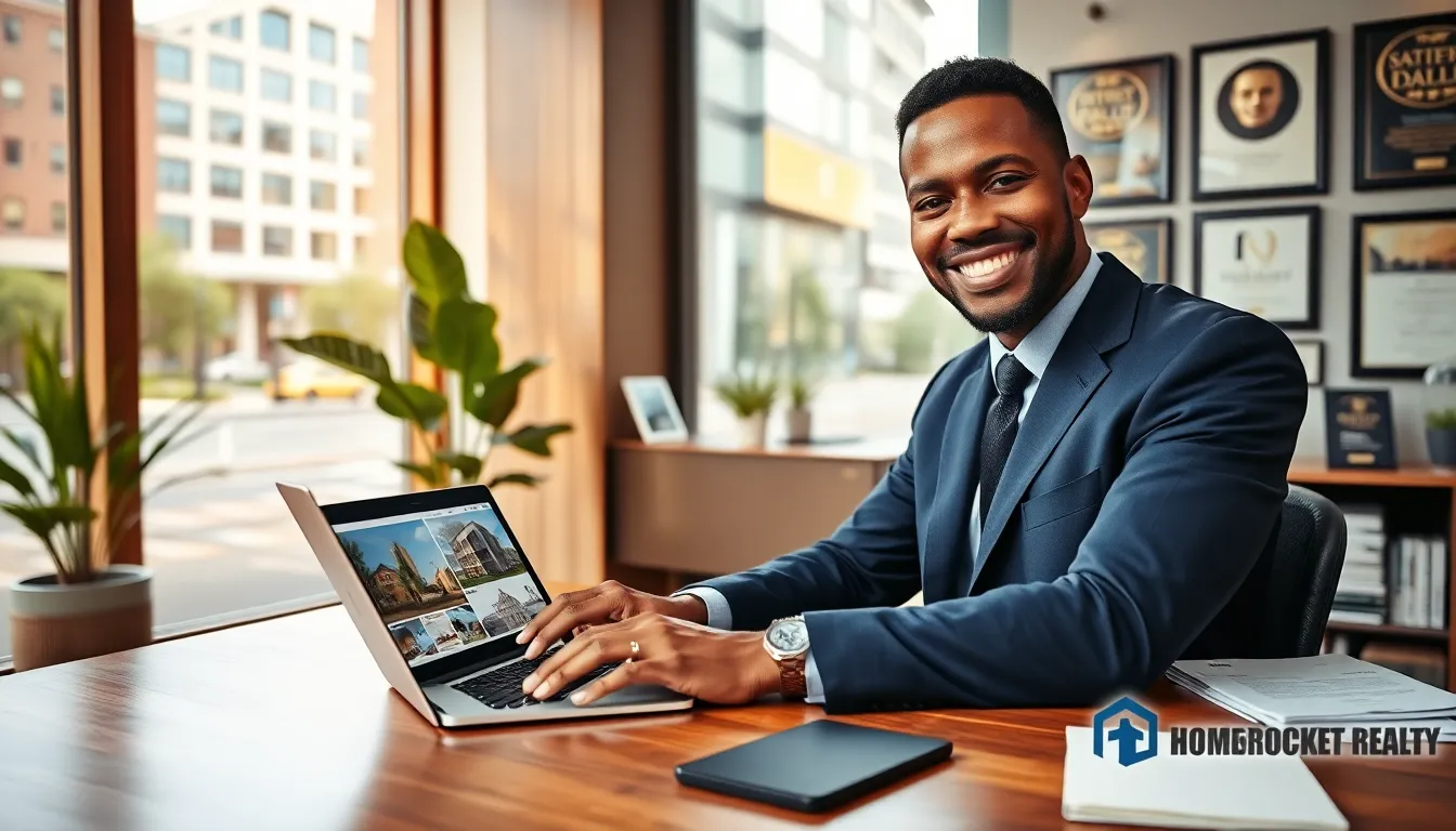 A professional realtor in a modern office discussing property listings.
