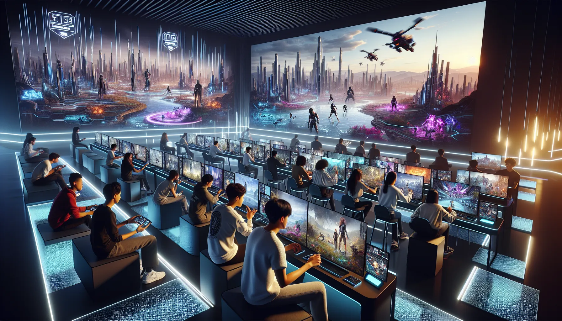 gamers engaged in a vivid futuristic gaming lounge.