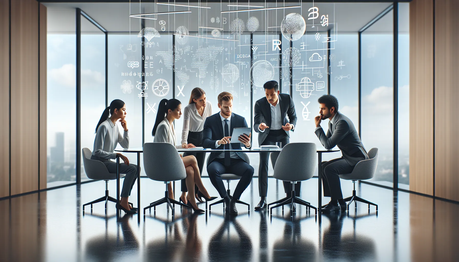 diverse professionals discussing communication concepts in a modern office.