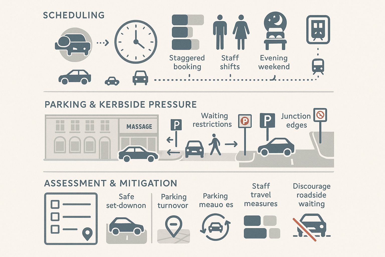Infographic of massage parlour trips, parking pressure, and drop-off management.