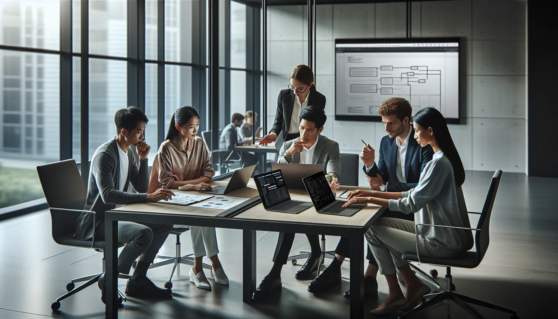 diverse team collaborating on software challenges in a modern office.