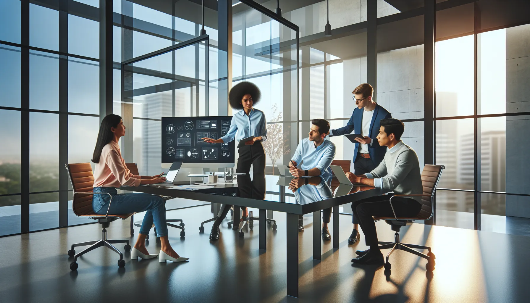 professionals collaborating in a modern office, using Hollcaswell platform.