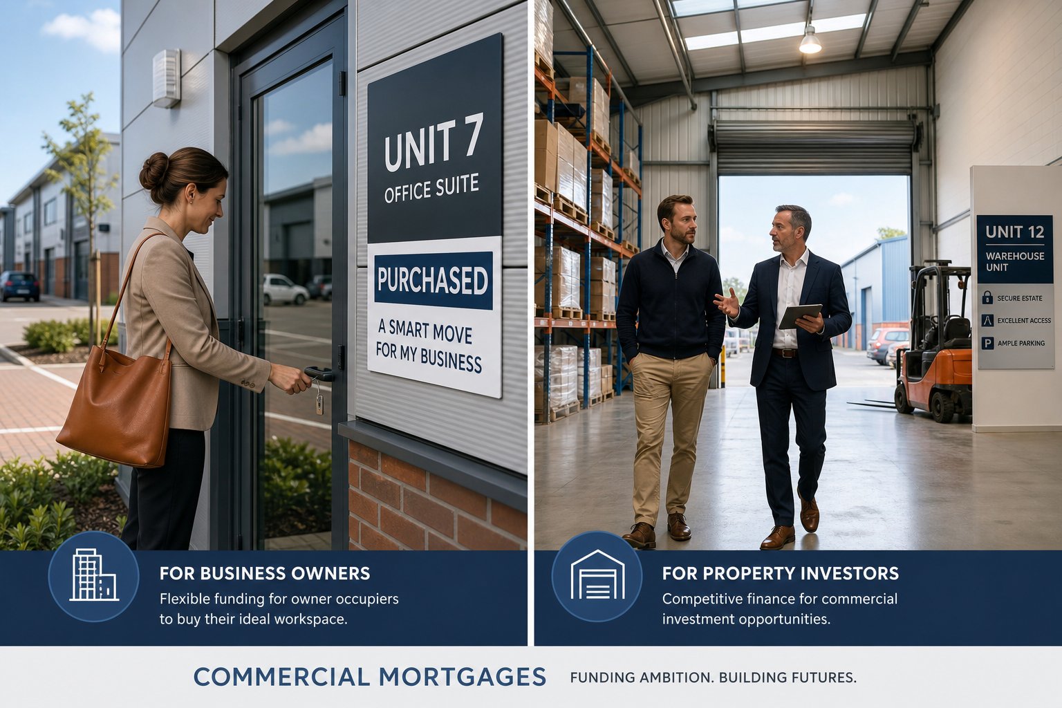 Owner-occupier and investor viewing different commercial properties in professional settings.