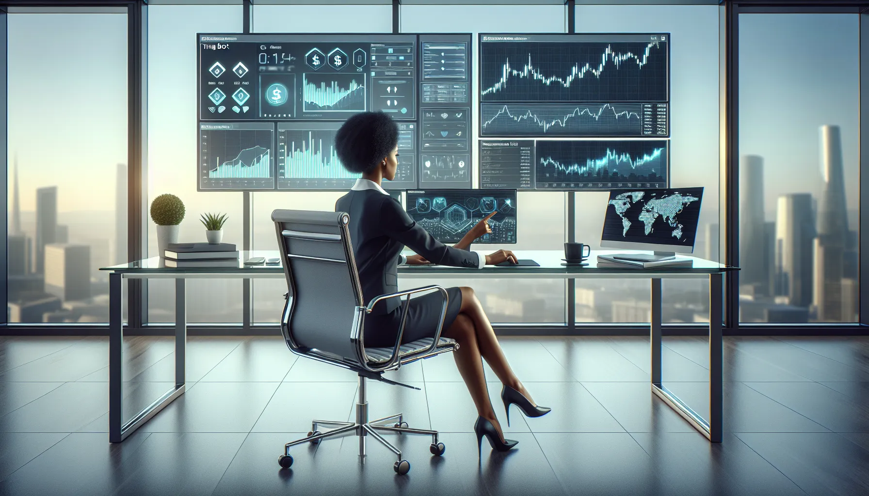 Trader managing automated and manual cryptocurrency trading on dual monitors in modern office.