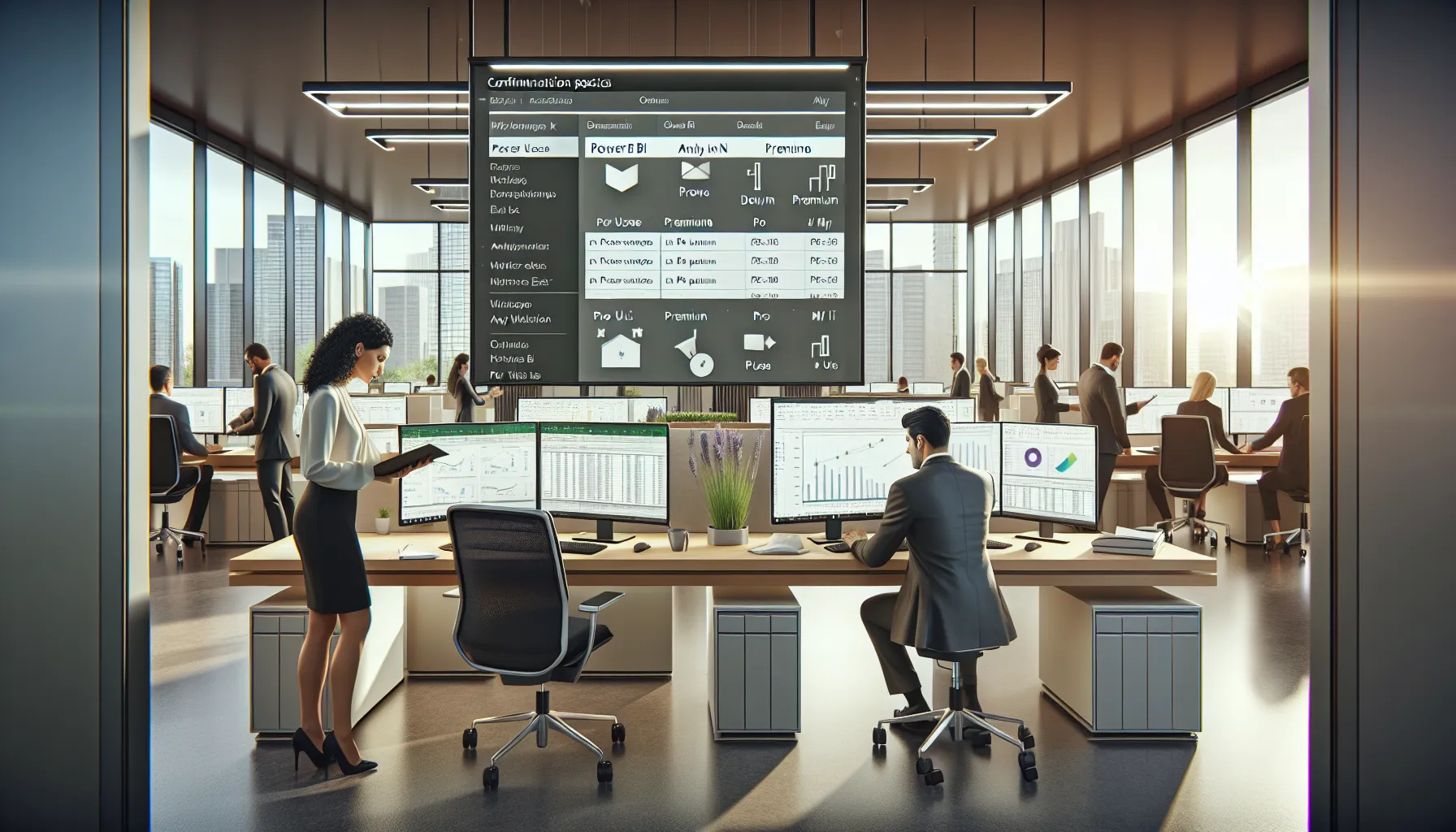 IT admin and analyst reviewing Power BI licensing and workspace settings in office.