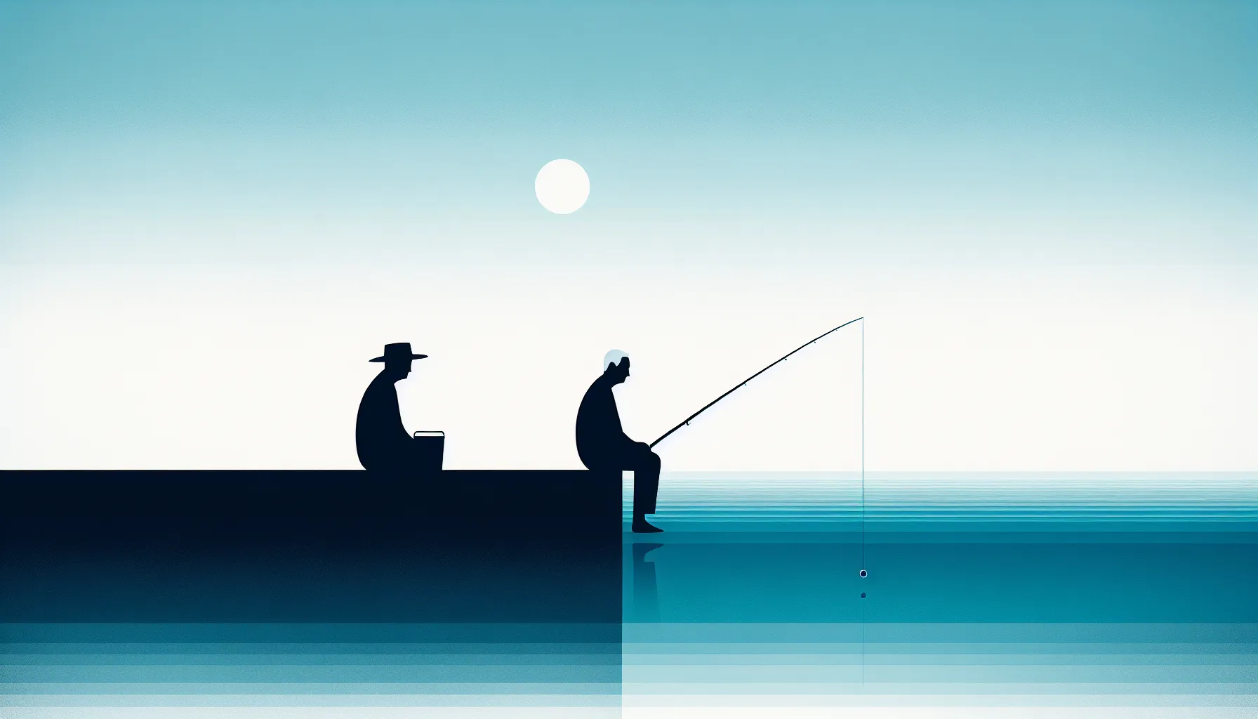 Minimalist illustration of elderly fisherman silhouette by calm blue sea