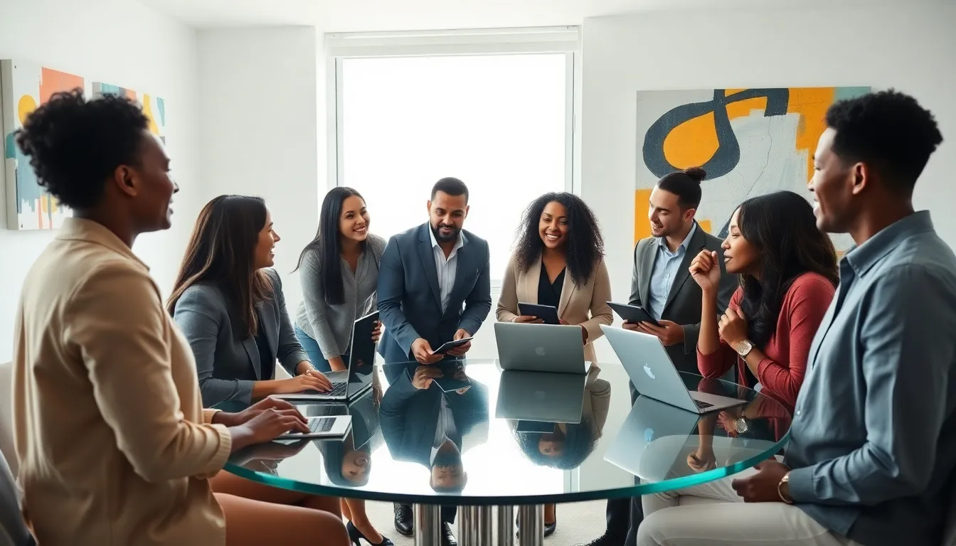 diverse professionals discussing concepts in a modern conference room.