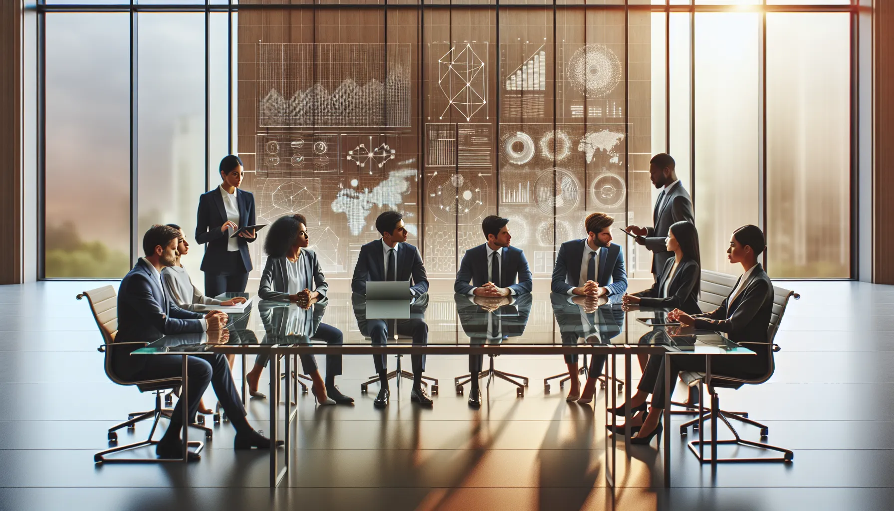 professionals discussing numbers in a modern office setting.