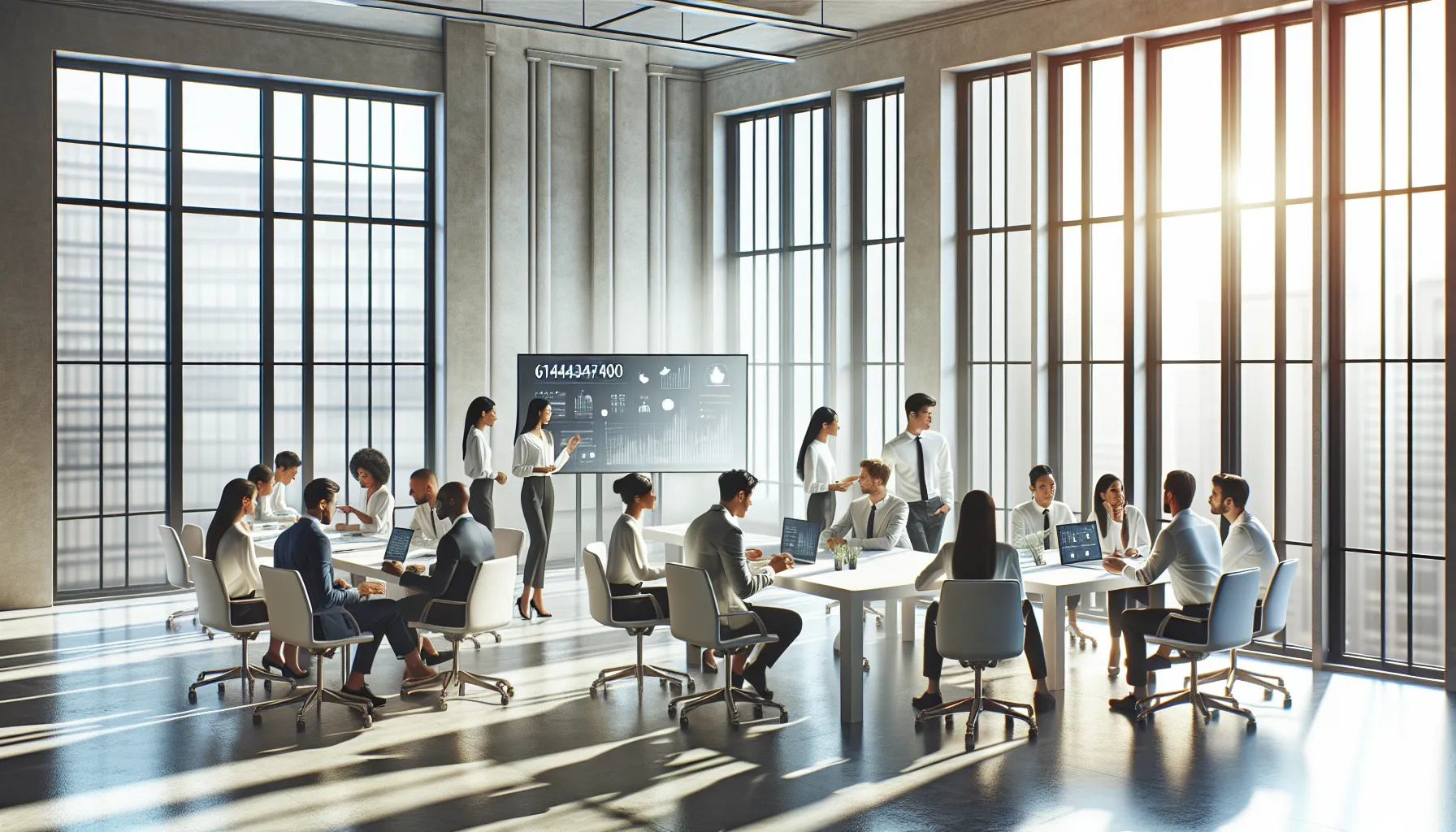 diverse team discussing data insights in a modern office.