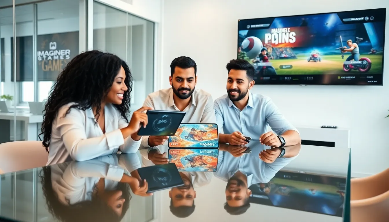 diverse team collaborating on game design in a modern office.