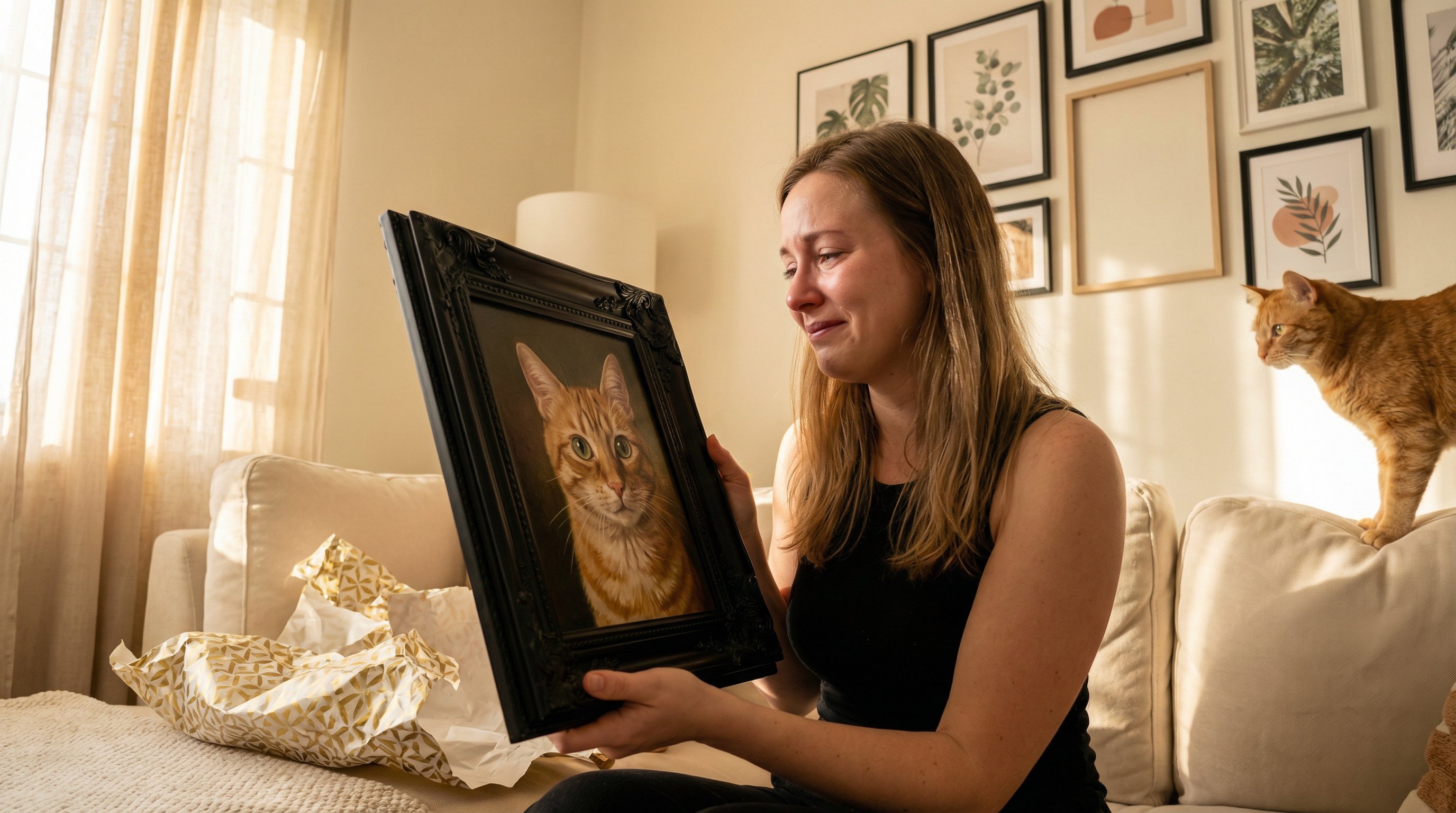Woman emotionally holding a framed custom cat portrait in a cozy living room.