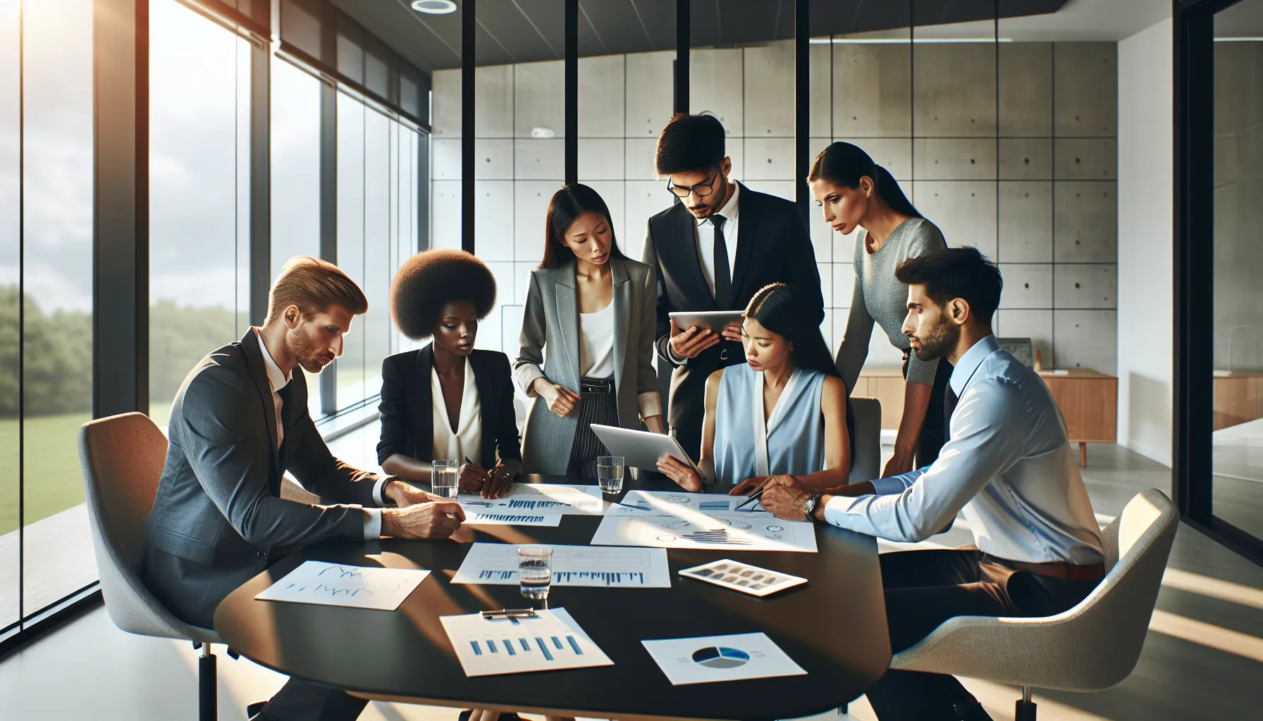 diverse team discussing data in a modern conference room.