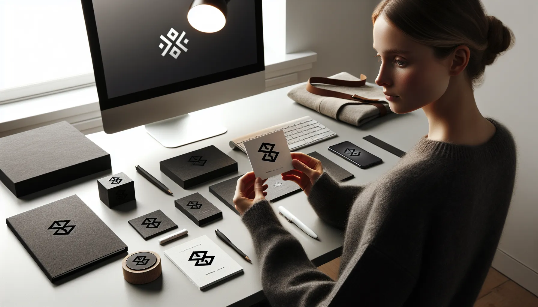 Norwegian designer holding black-and-white logo card amid varied branded materials.
