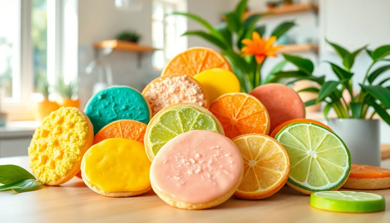 Colorful tropical cookies on a sunny kitchen countertop.
