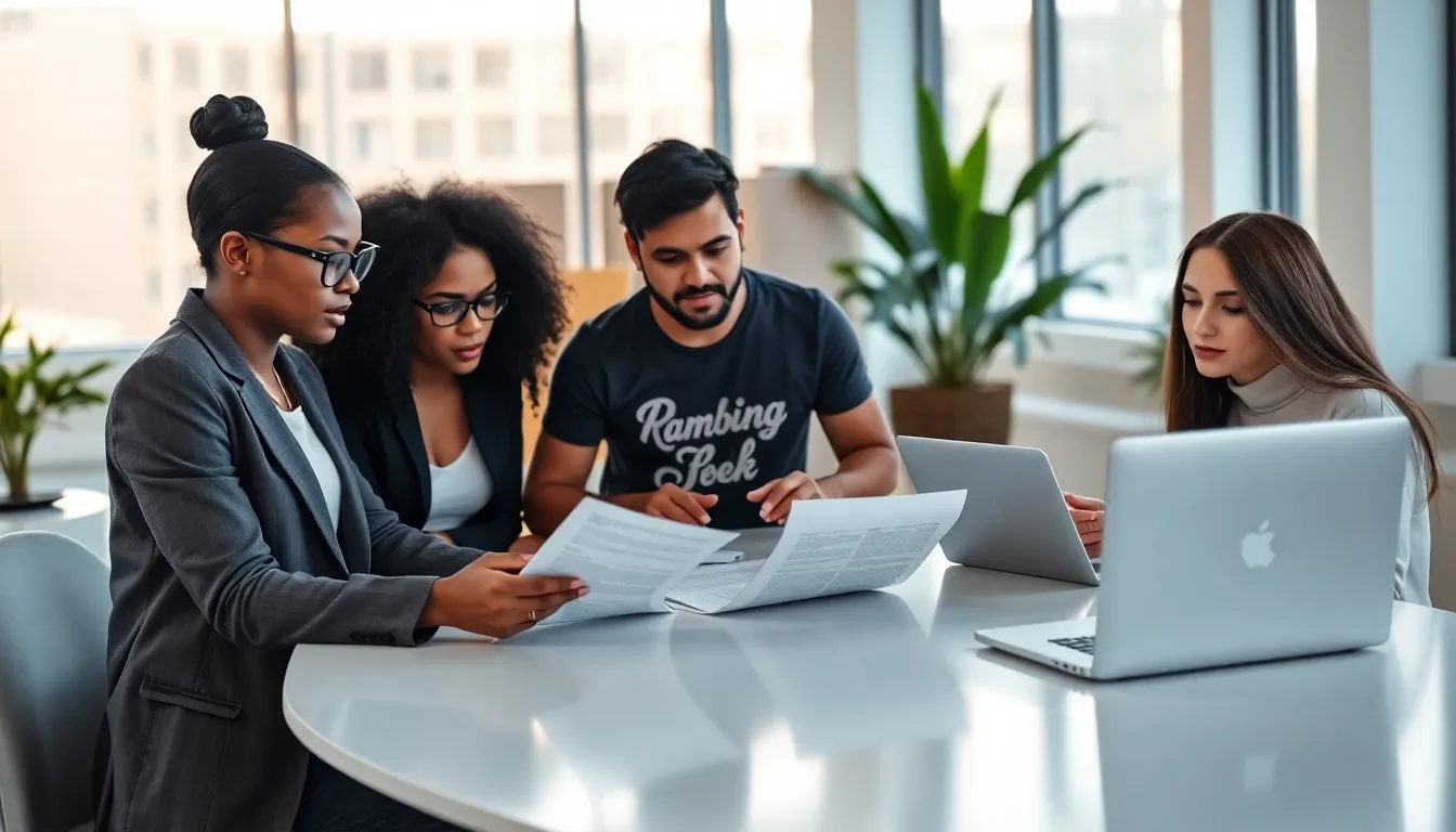 a group discussing terms and conditions in a modern office setting.