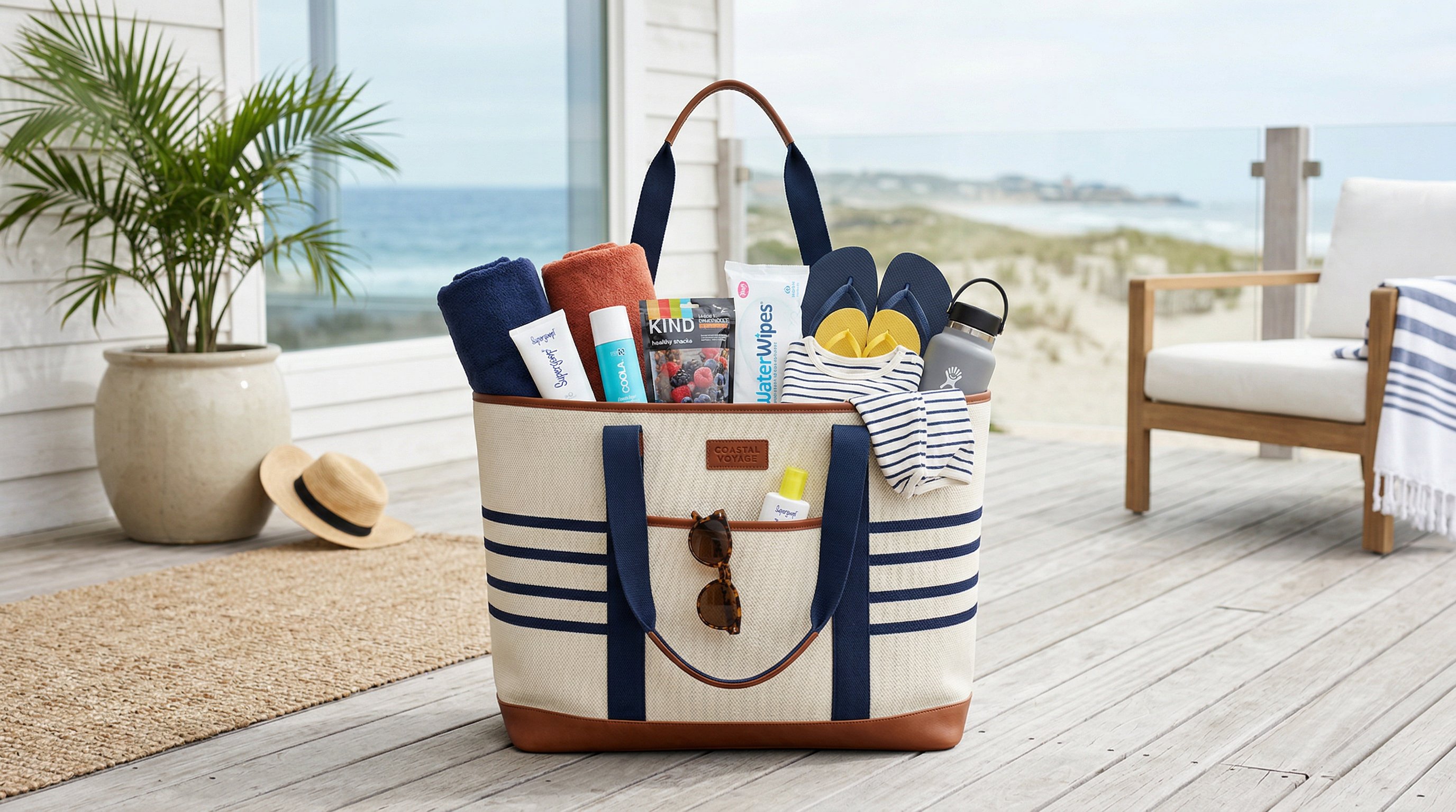 Oversized beach tote packed with family essentials in a bright coastal setting.