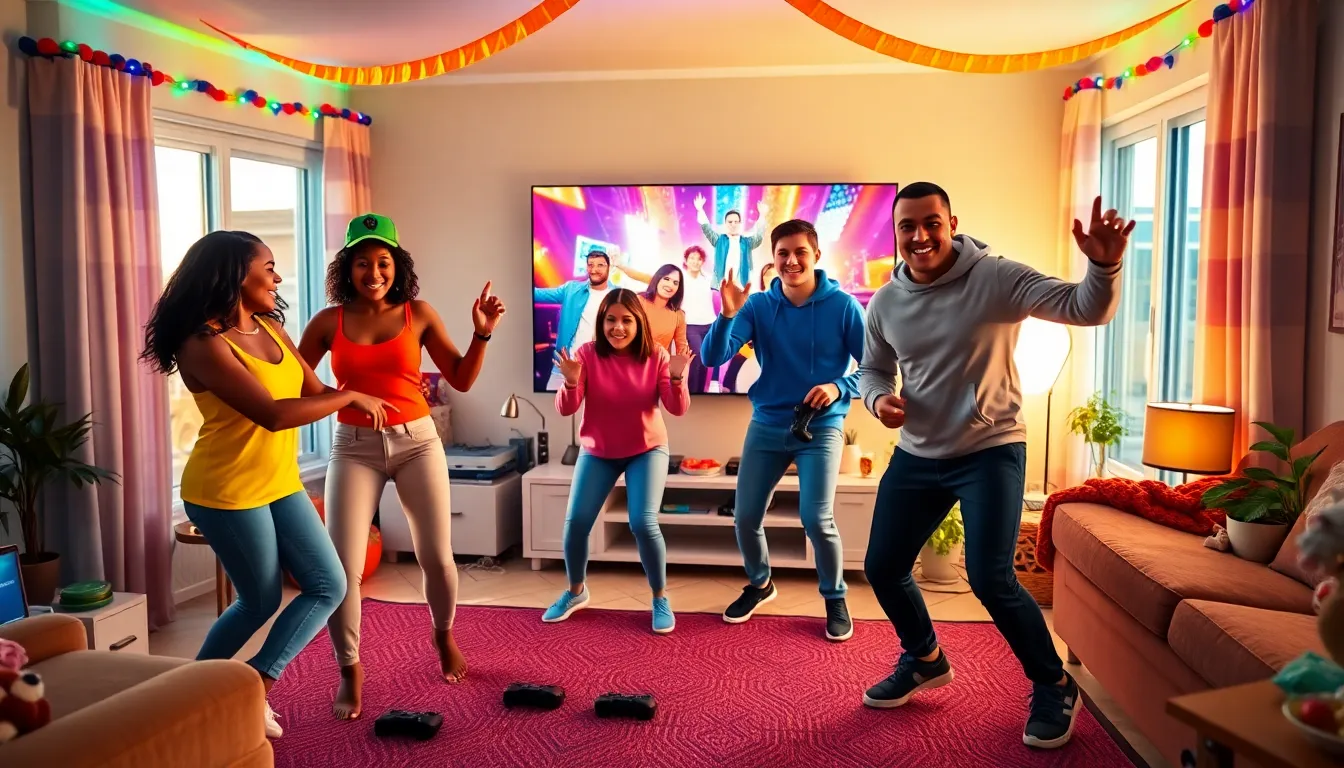 Friends dancing together in a lively living room while playing Just Dance 2022.