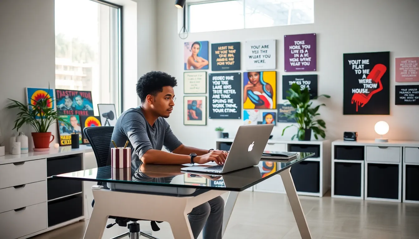 young creative working in a modern office with digital art.