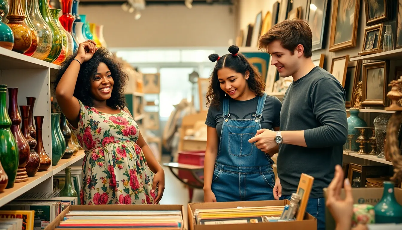 three friends enjoying thrifting in a colorful thrift store aisle.
