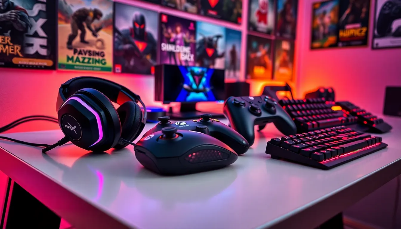 a modern gaming setup featuring headsets, controllers, and peripherals.
