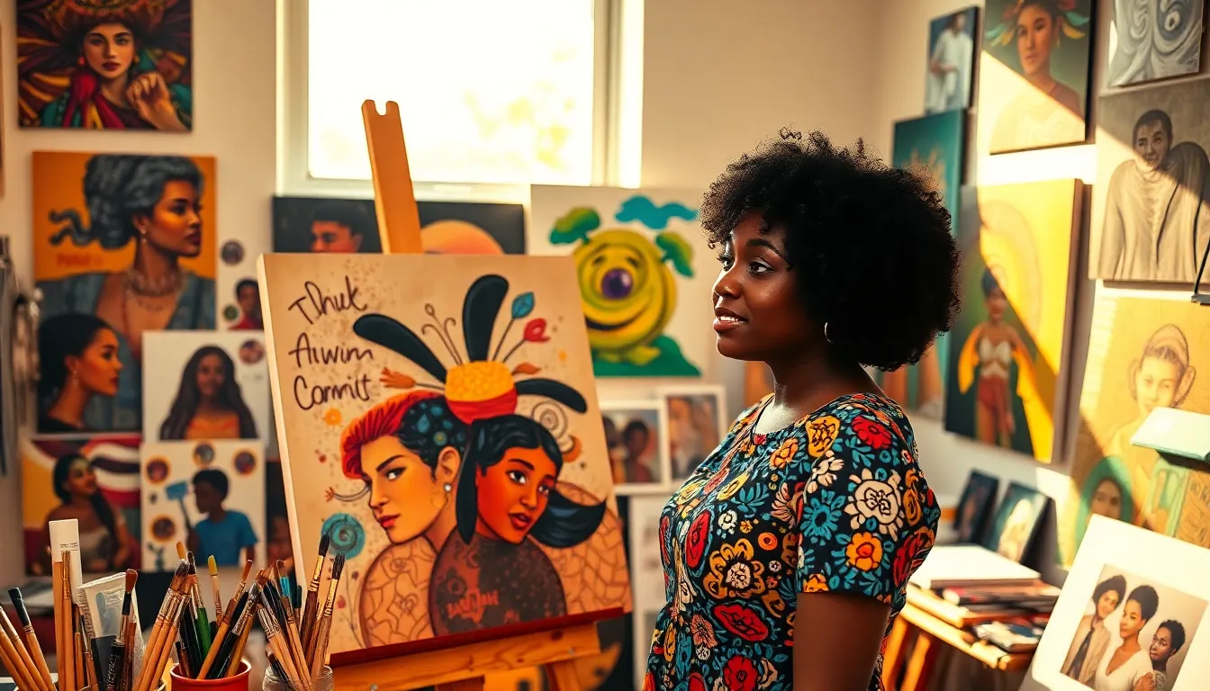 A young woman admires diverse artworks in a sunlit art studio.