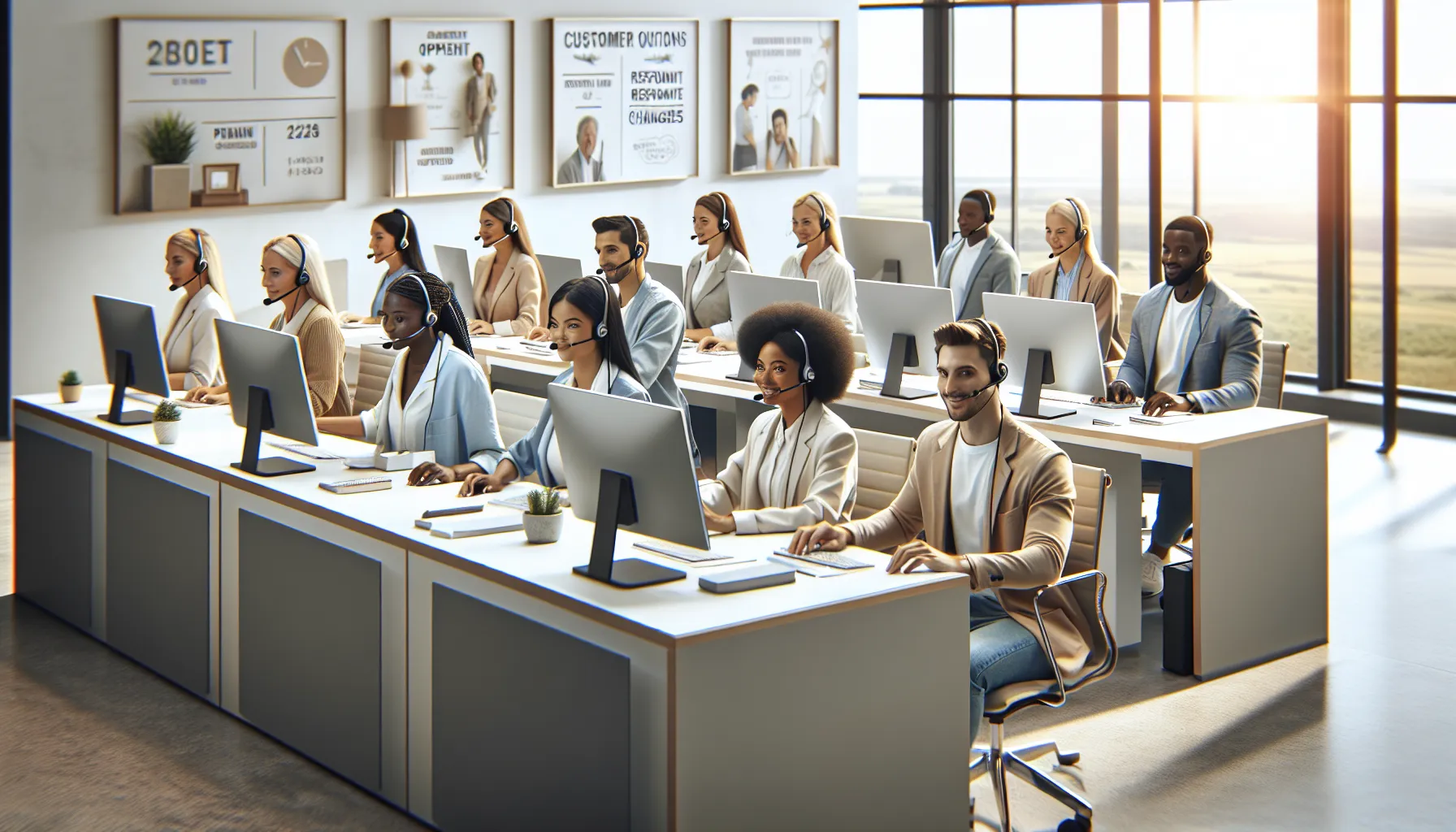 customer service team assisting travelers in a modern office.