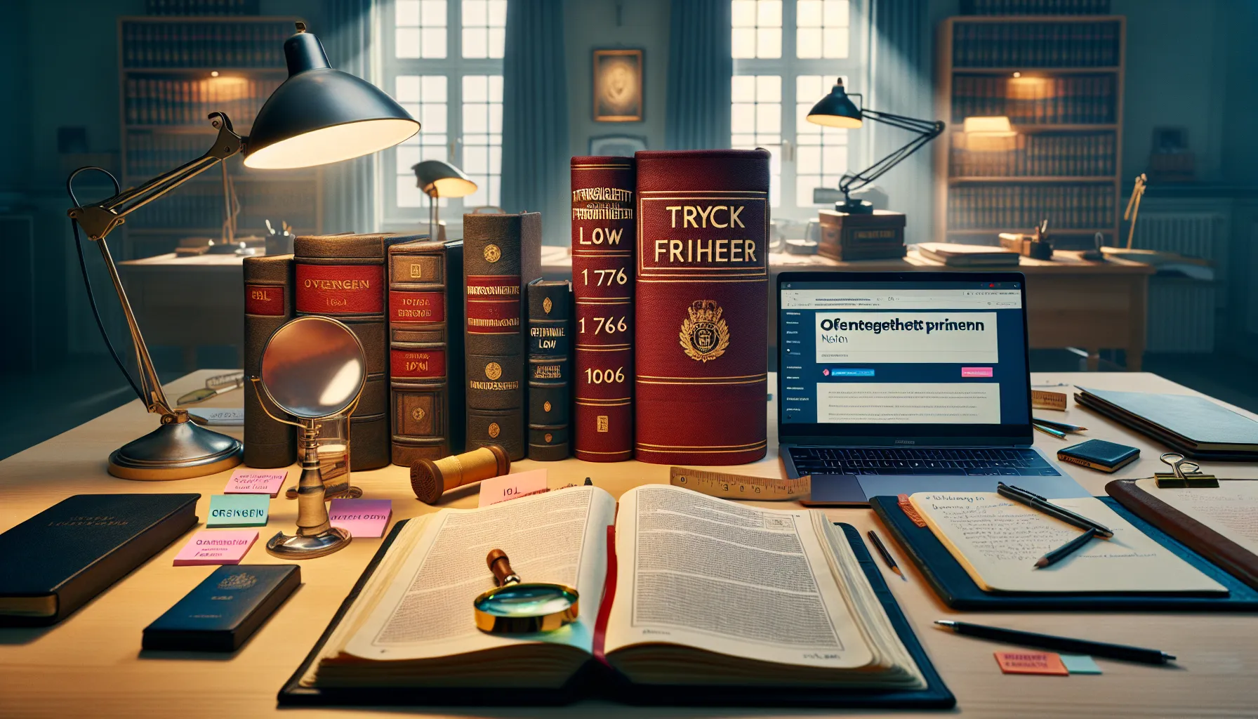 Sammenligning av offentlighetslover i norge og sverige 2 Open norwegian and swedish law books compared on a sunlit office desk.
