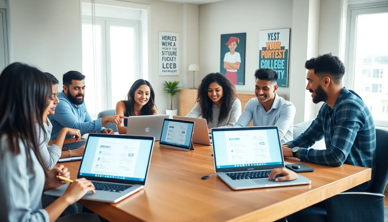 diverse professionals collaborating on college applications at home.