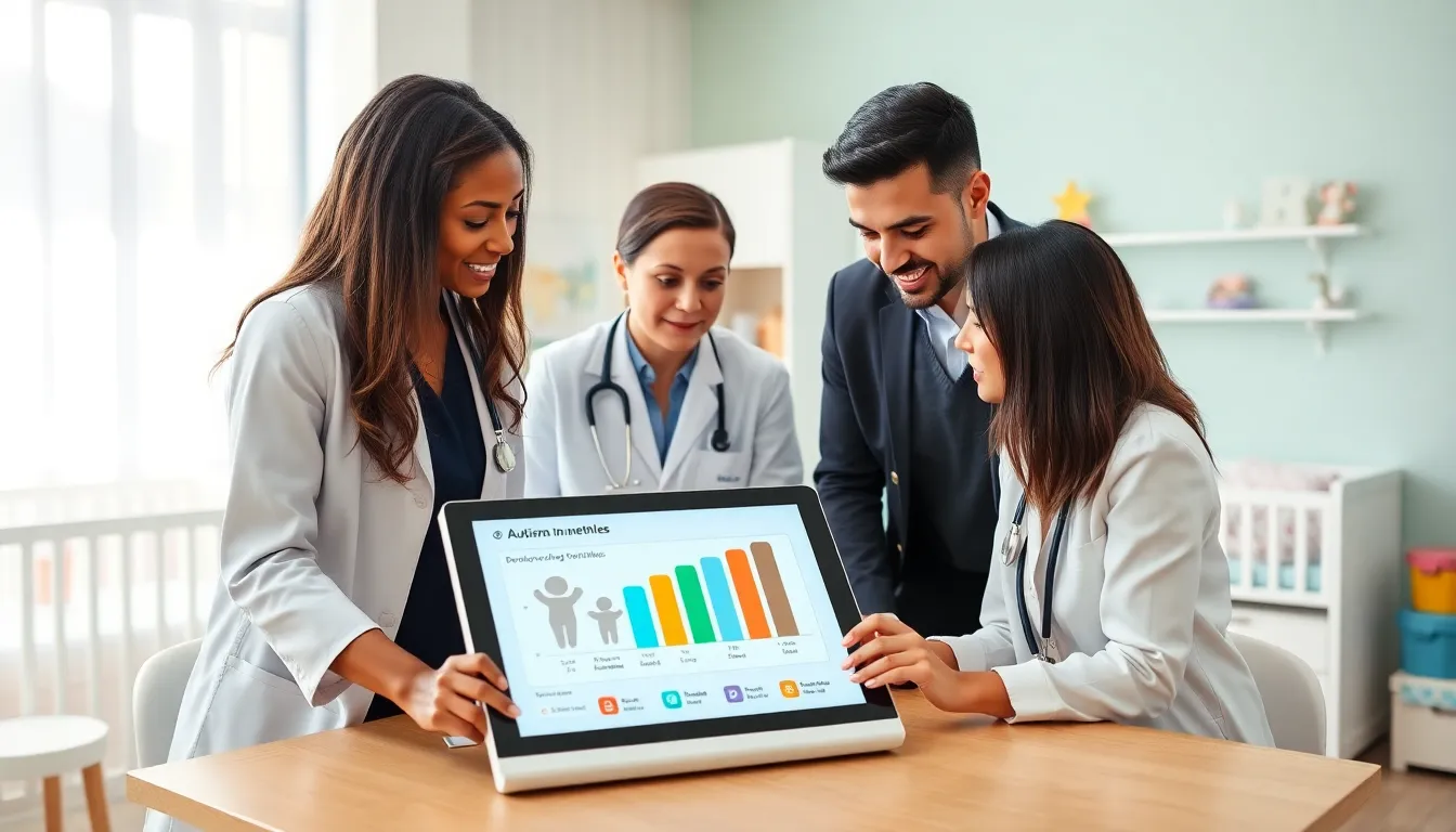healthcare professionals discussing autism in a modern pediatric office.
