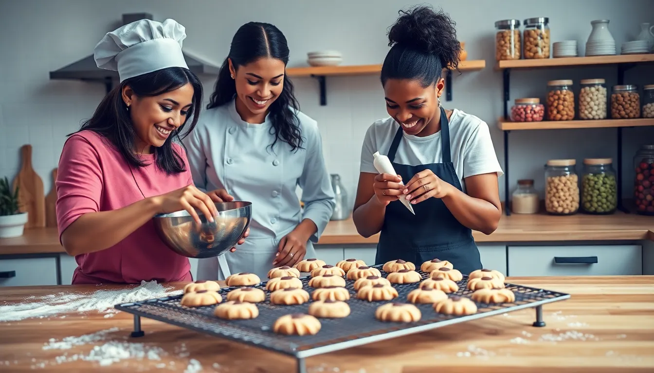 diverse bakers creating cookies in a cozy kitchen.