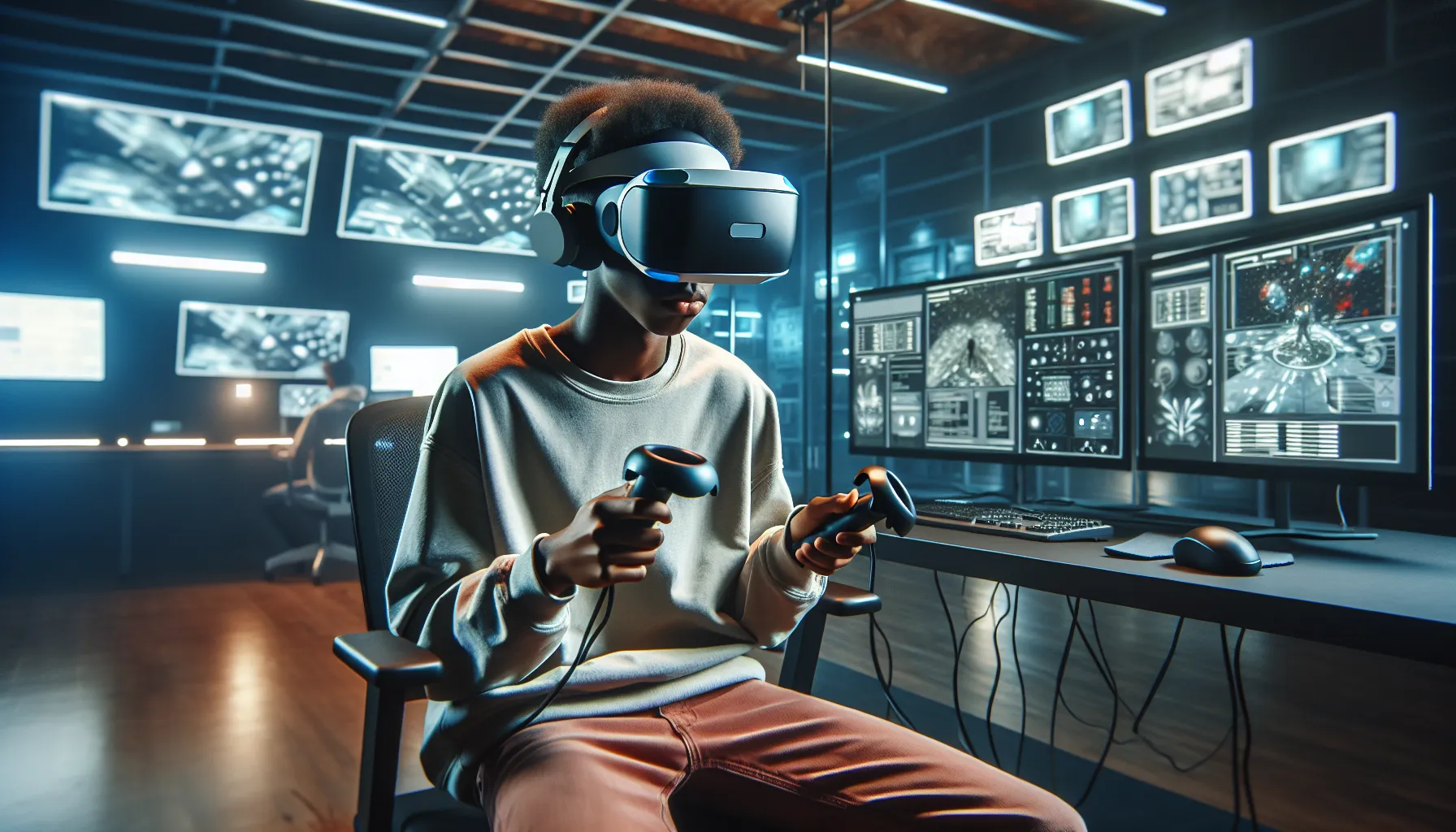 A person immersed in a VR experience using a headset and controllers.