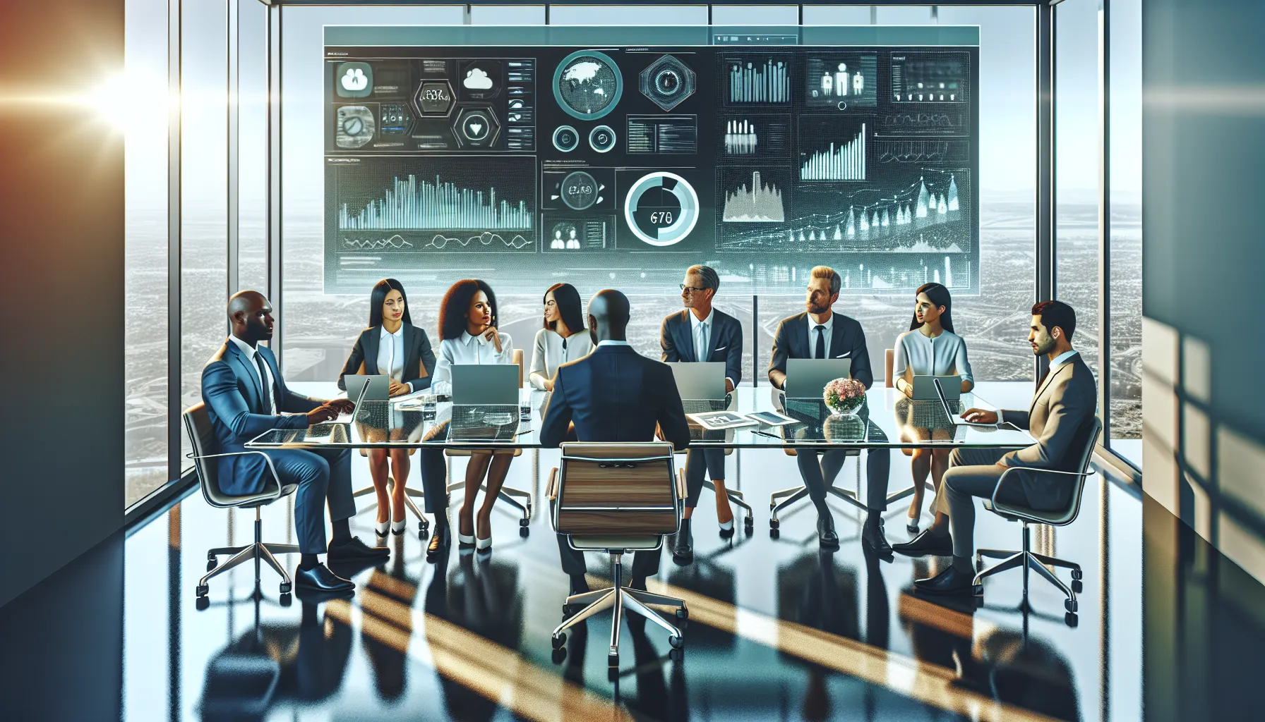 diverse team collaborating on data analysis in a modern office.