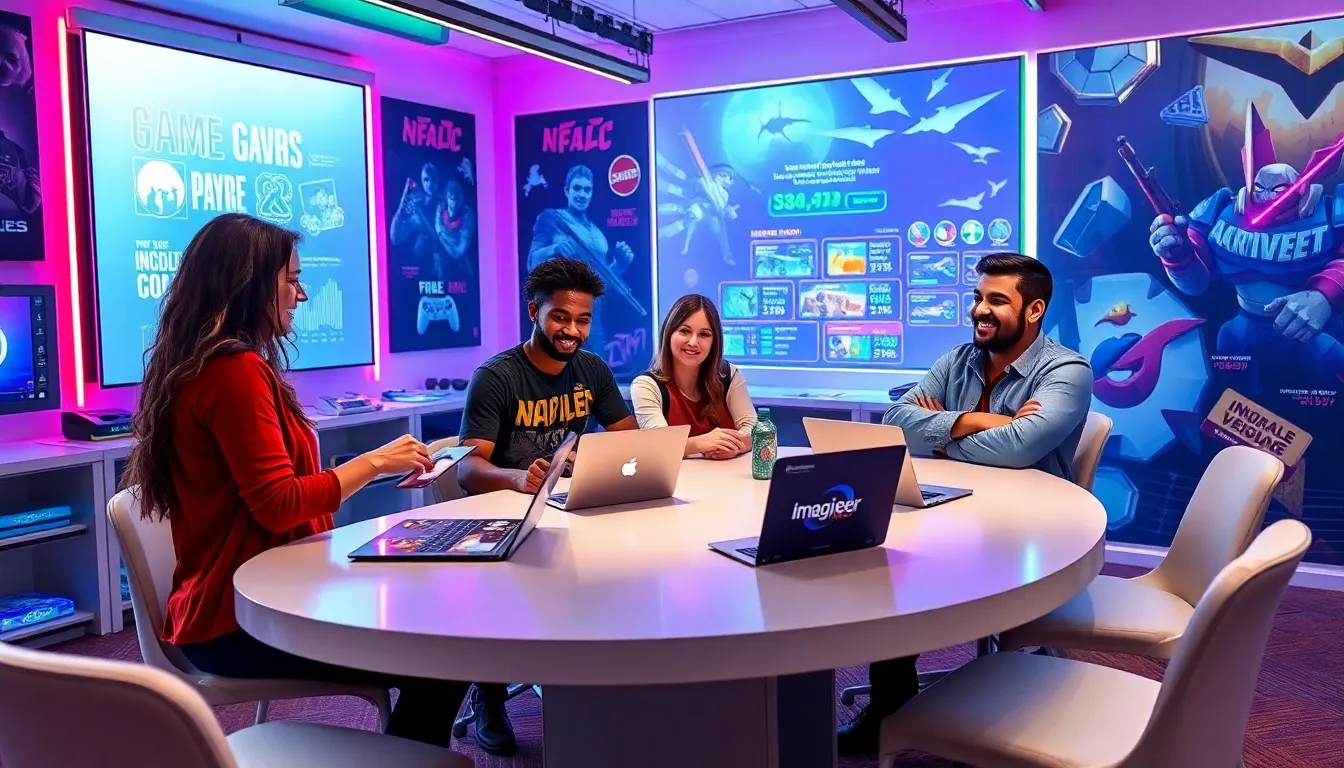 A diverse group of young adults brainstorming in a modern gaming studio.