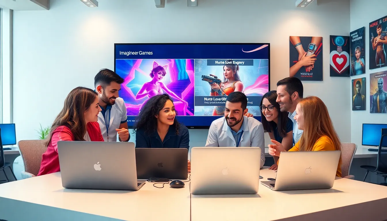 diverse team collaborating in a modern gaming office.