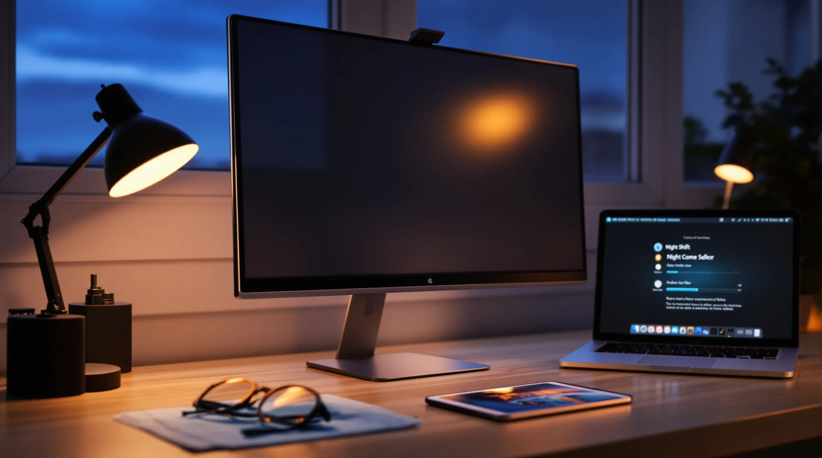 Monitor with clip-on blue light filter beside Night Shift laptop and glasses.