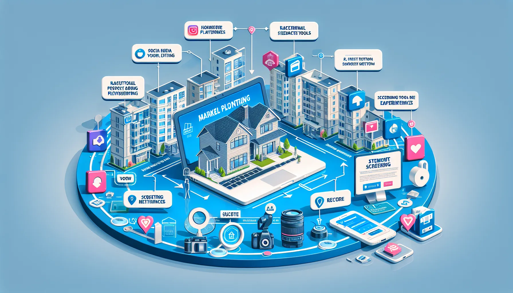 Diagram showing digital tools for rental property marketing and tenant screening.