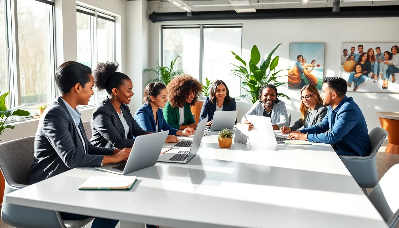 diverse professionals collaborating in a modern office setting.