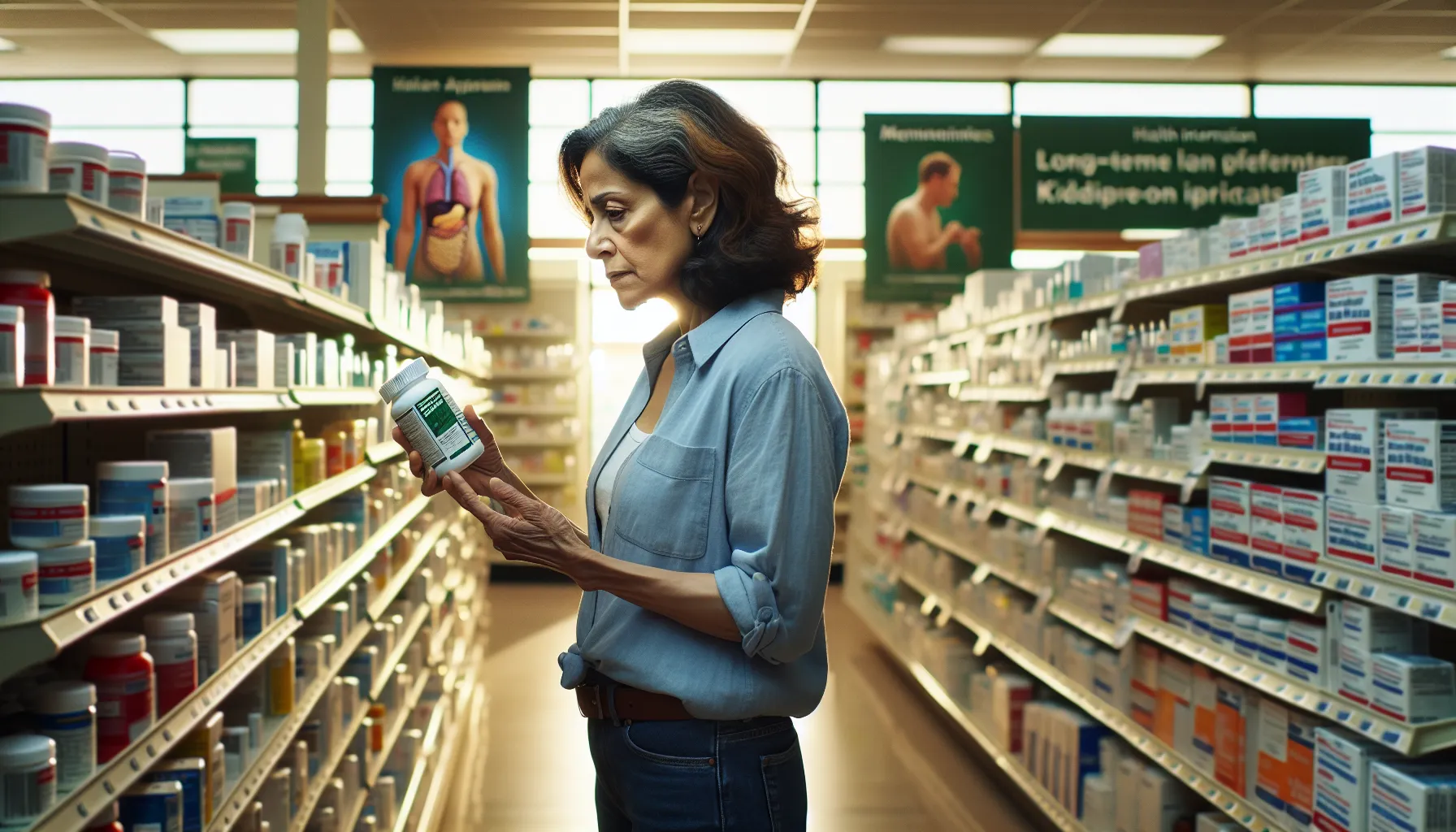 a woman comparing ibuprofen and acetaminophen at a pharmacy.