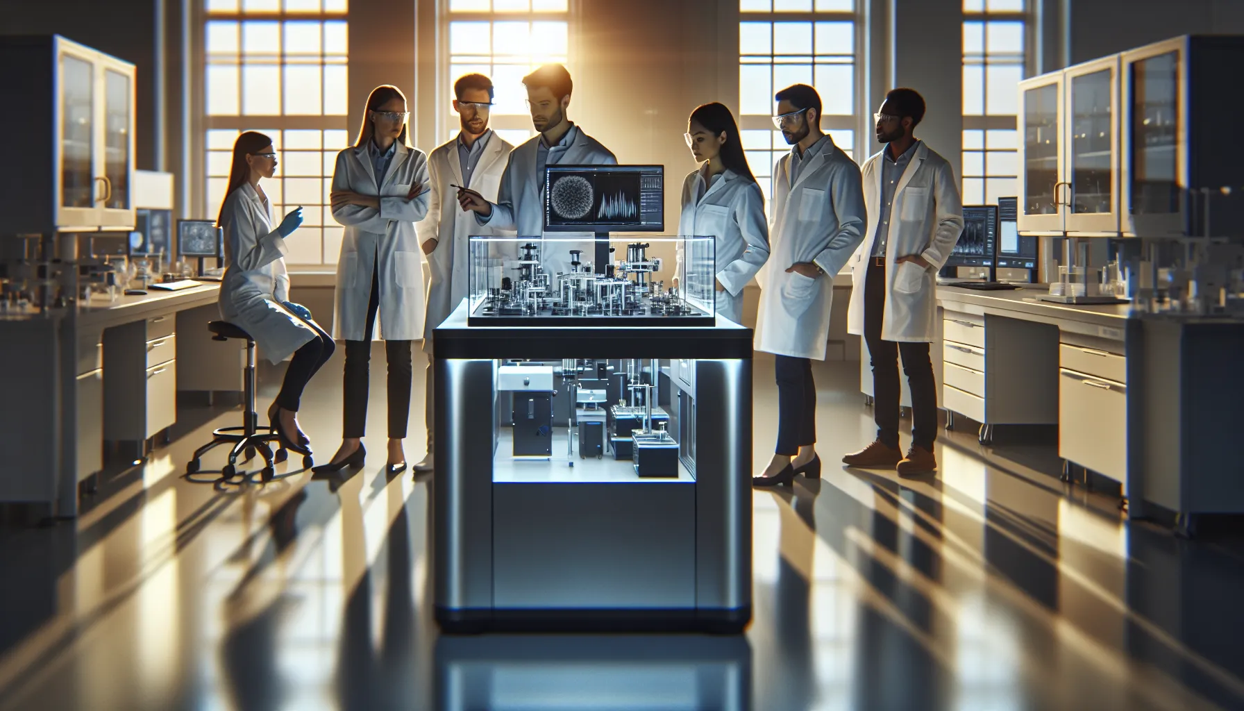 diverse researchers analyzing thin film materials in a modern laboratory.