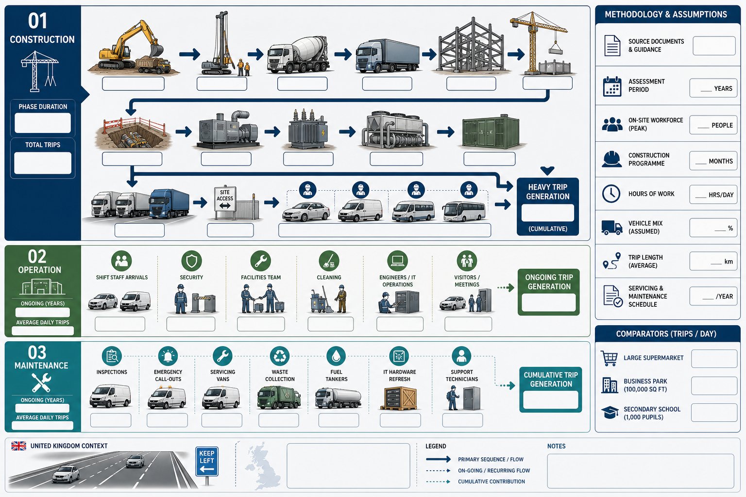Data centre transport trips shown across construction, operation, and maintenance phases.
