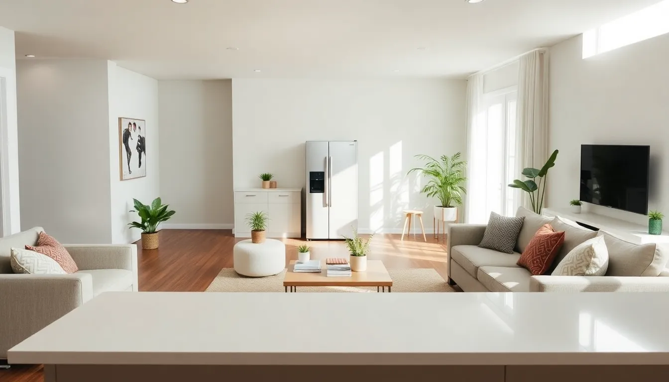 a modern living room with stylish home upgrades and natural lighting.