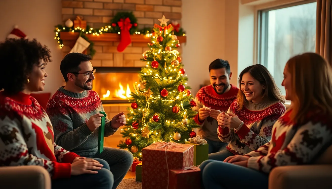 diverse family exchanging gifts around a Christmas tree.