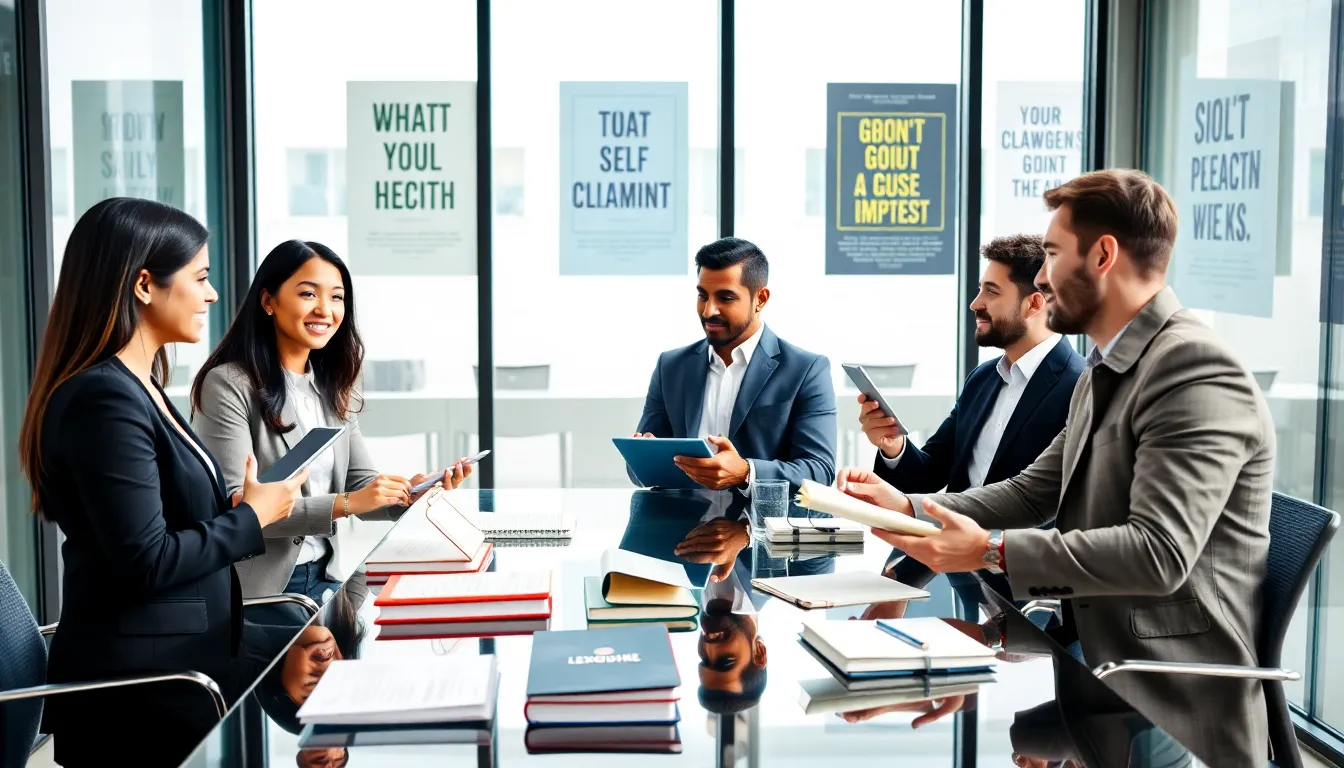 diverse professionals in a modern conference room discussing personal development.