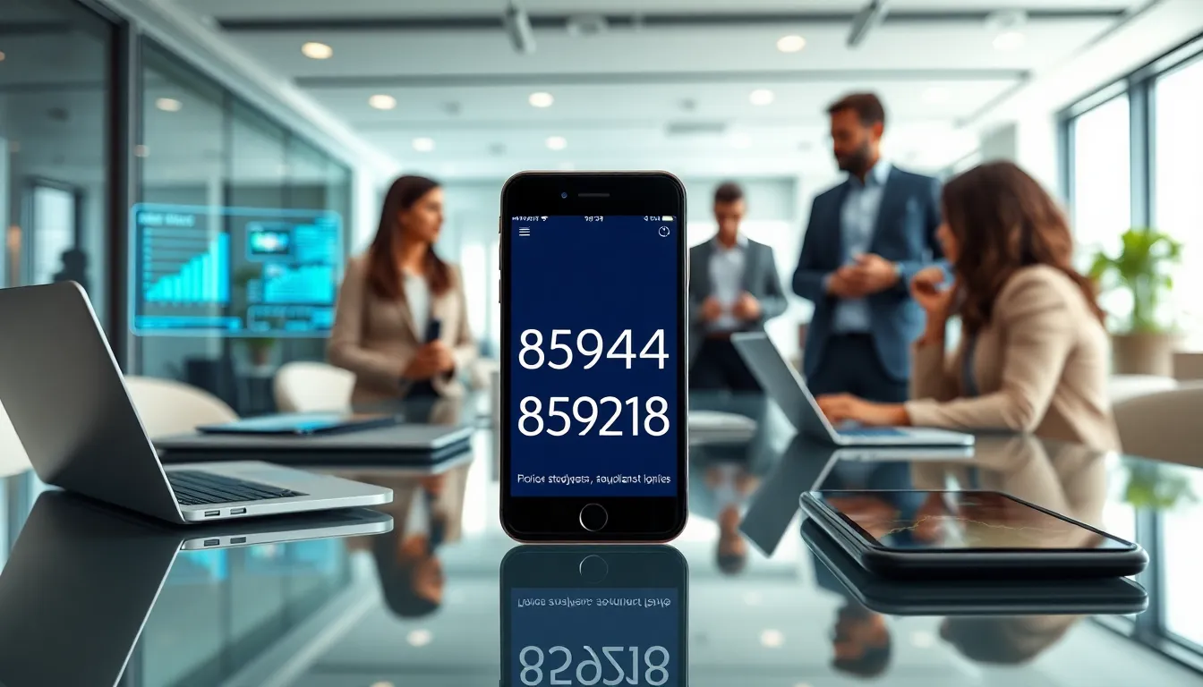 Showcasing a smartphone with the number 8594295188 in a modern office.