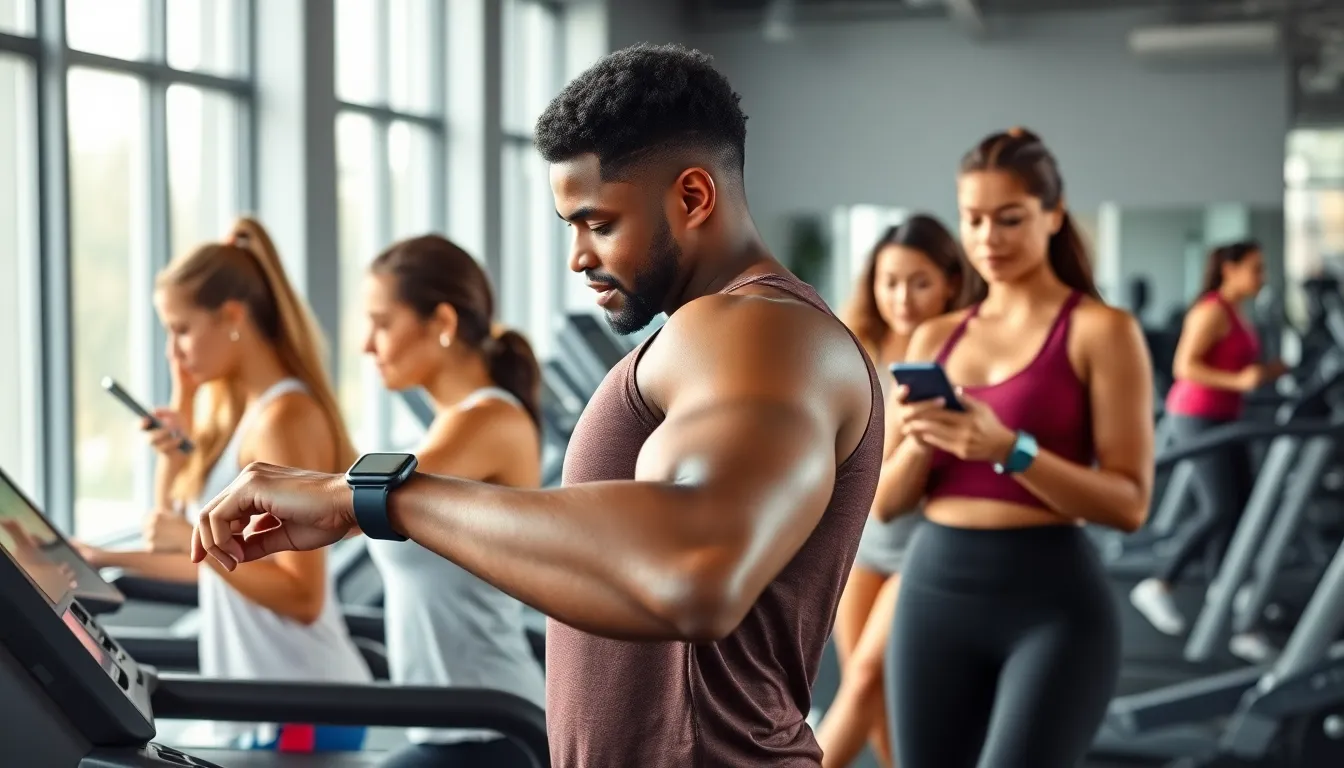 diverse individuals using fitness gadgets in a modern gym setting.