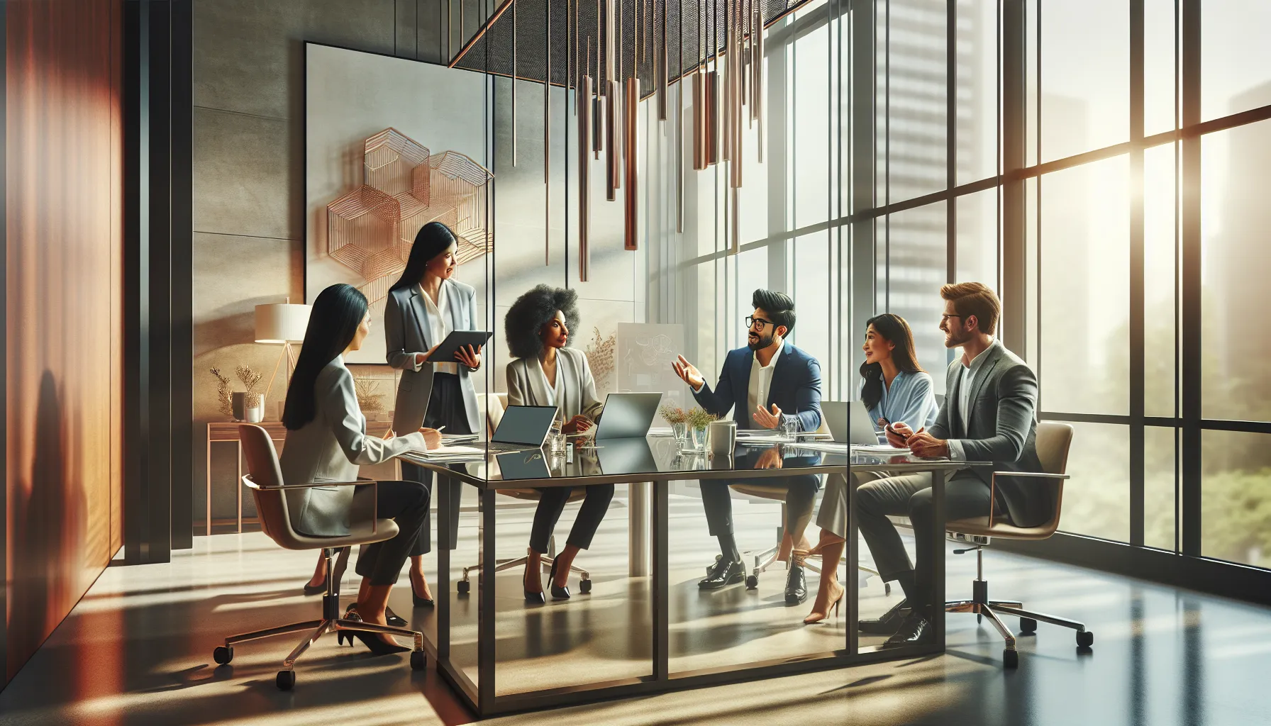 diverse professionals collaborating in a modern brainstorming session.