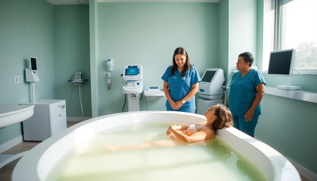 hospital birthing suite with water birth tub and attentive healthcare professionals.